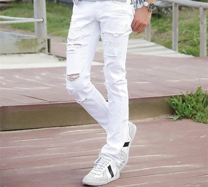 Sell White Ripped Jeans Men With Holes Super Skinny Famous Designer Slim Fit Destroyed Torn Jean Pants For Male AY991