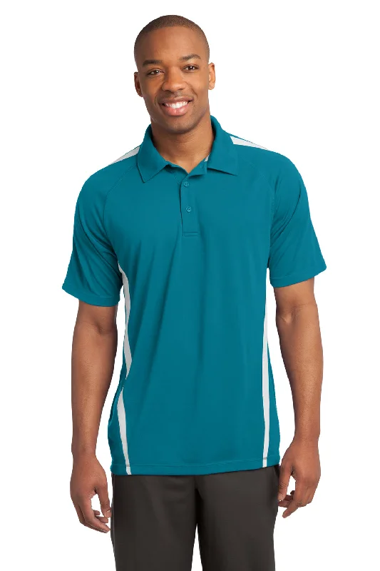 Sport-Tek Mens Micro-Mesh Moisture Wicking Short Sleeve Polo Shirt - Blue Wake/White - Closeout