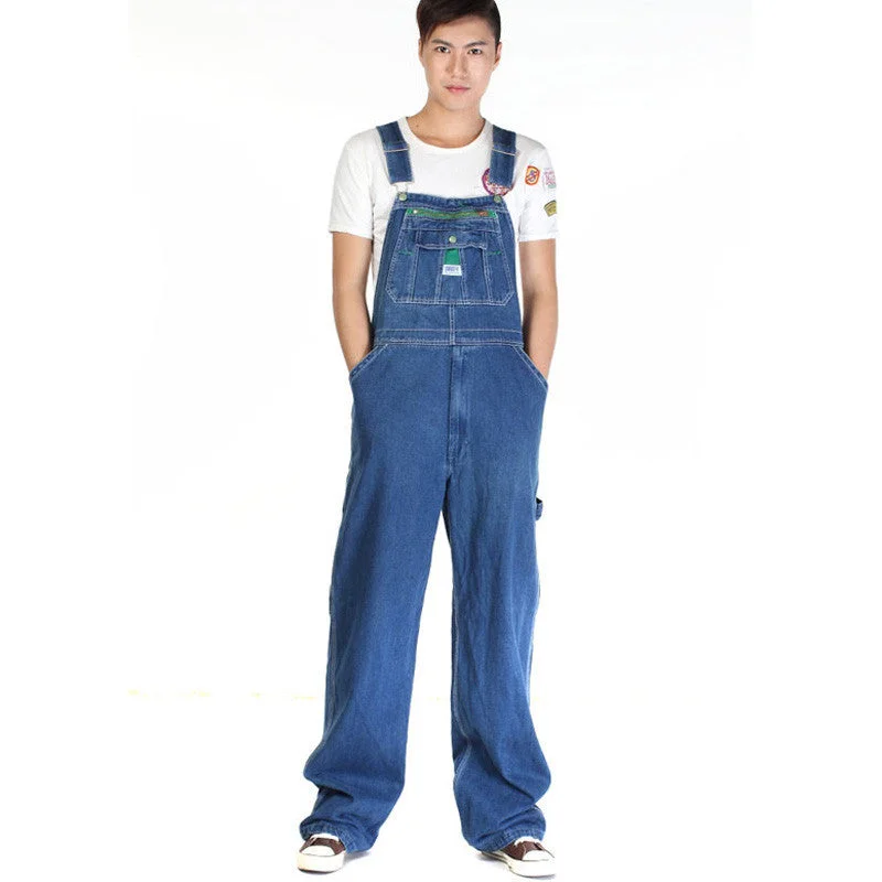 Men's casual loose green zipper bib overalls Male plus large size denim jumpsuits Huge pants