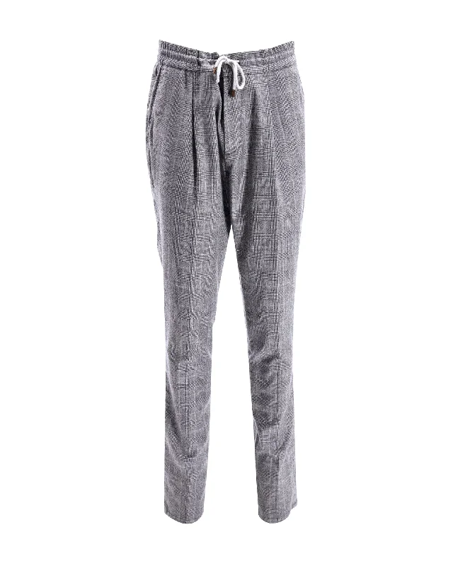 Brunello Cucinelli Plaid Drawstring Trousers in Grey Cotton