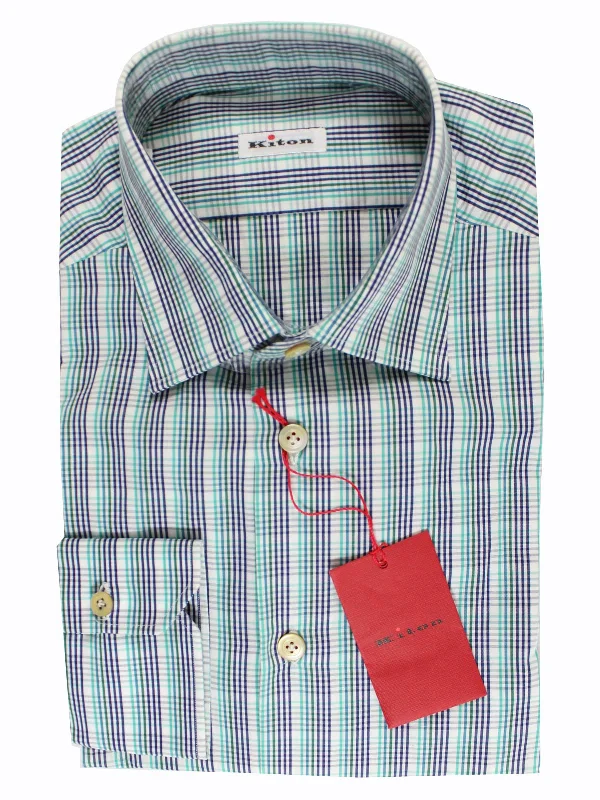 Kiton Shirt White Turquoise Green Navy Check 37 - 14 1/2 FINAL SALE