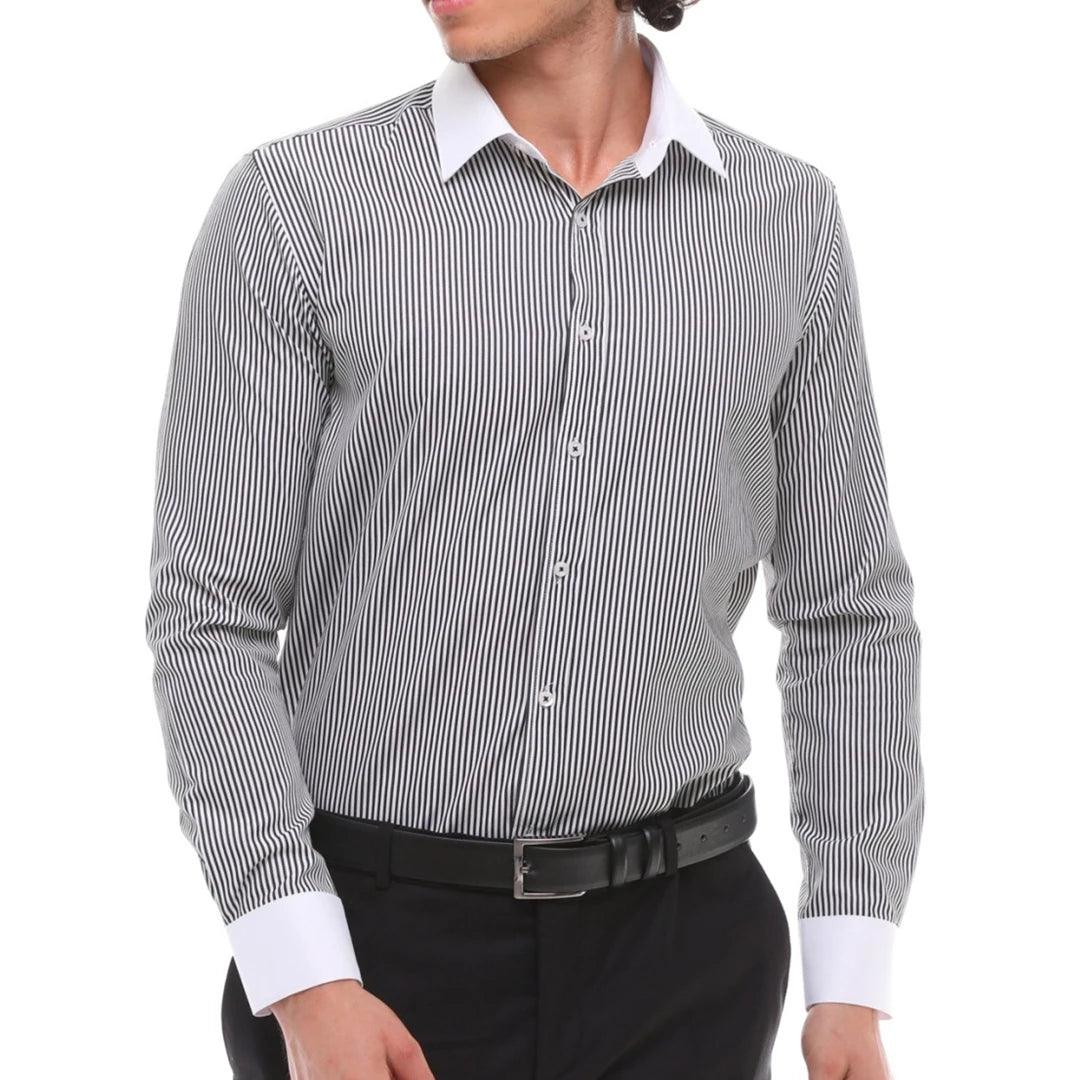 Mens Button Down Stripe Dress Shirt Smart Formal Classic Collar