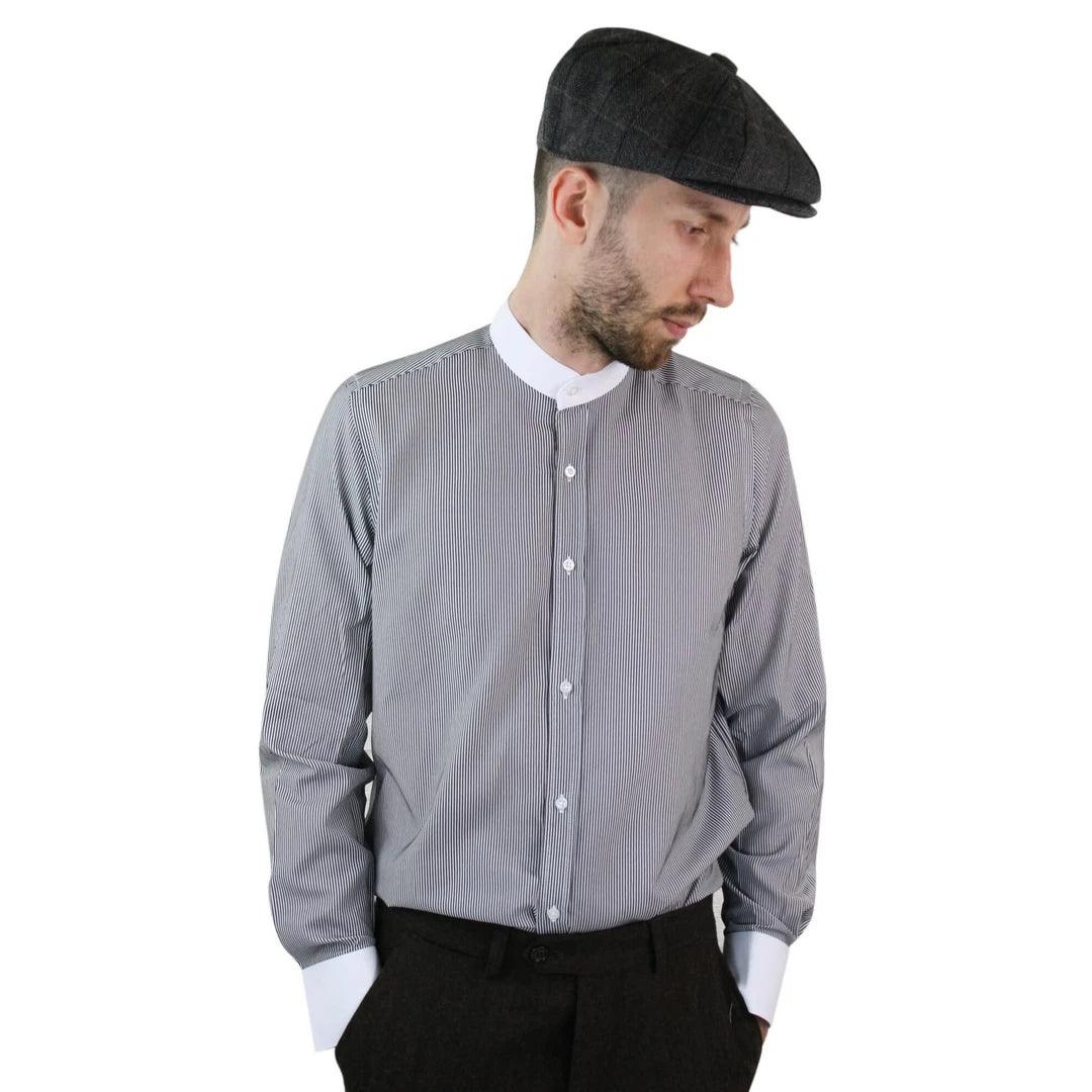 Mens Retro 1920s Shirt Vintage Classic Removable Collar Stripe Grandad Nehru Shelby Penny Button