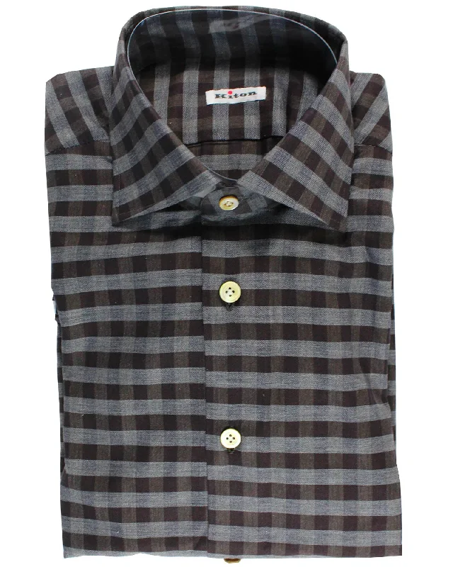 Kiton Shirt Brown Gray Gingham  Check 40 - 15 SALE