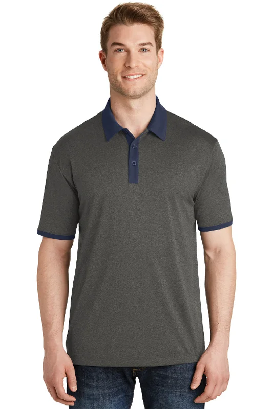 Sport-Tek Mens Heather Contender Moisture Wicking Short Sleeve Polo Shirt - Heather Graphite Grey/True Navy Blue - Closeout