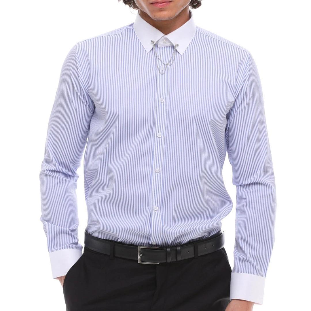 Mens Stripe Button Down Poplin Shirt With Bar & Chain Smart Formal Classic