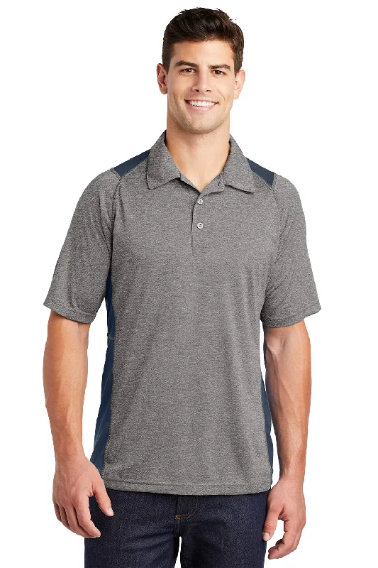 Sport-Tek Mens Heather Contender Moisture Wicking Short Sleeve Polo Shirt - Heather Vintage Grey/True Navy Blue