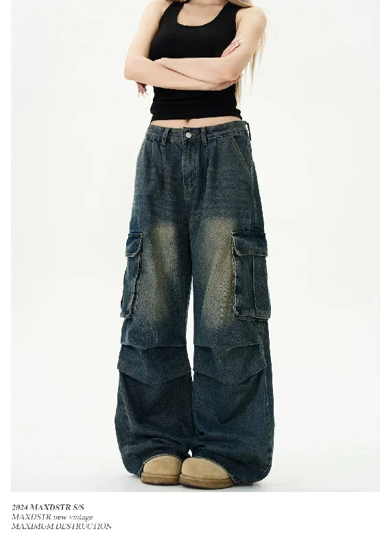 Faded Pleats Loose Fit Cargo Jeans