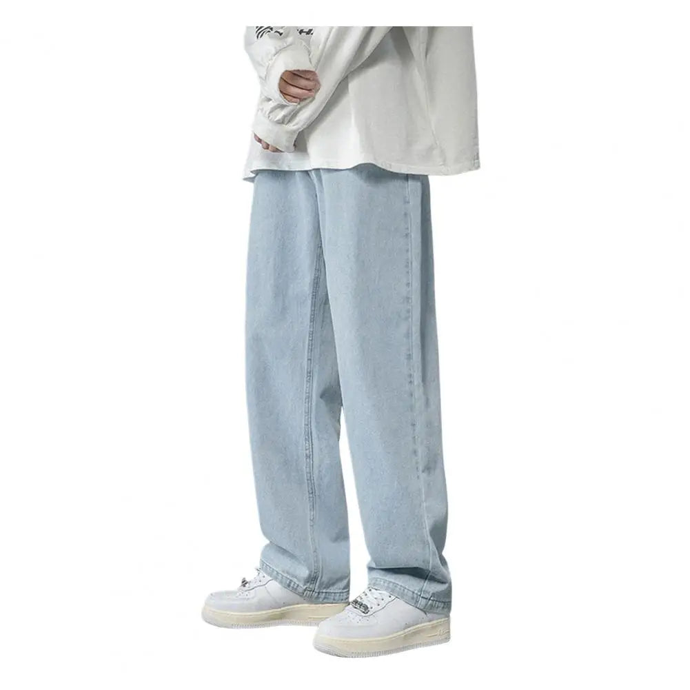 Men Spring Autumn Denim Pants Wide Leg Casual Trousers Mid-rise Solid Color Pockets Hip Hop Style Washed Loose Jeans