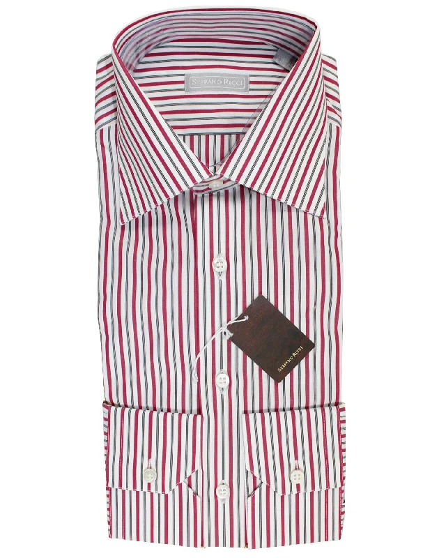 Stefano Ricci Dress Shirt White Burgundy Black Stripes 40 - 15 3/4 SALE