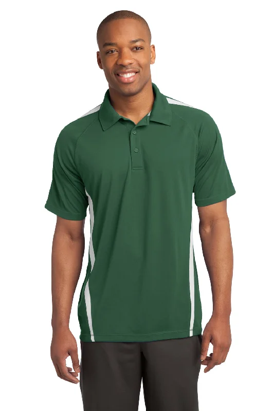 Sport-Tek Mens Micro-Mesh Moisture Wicking Short Sleeve Polo Shirt - Forest Green/White - Closeout