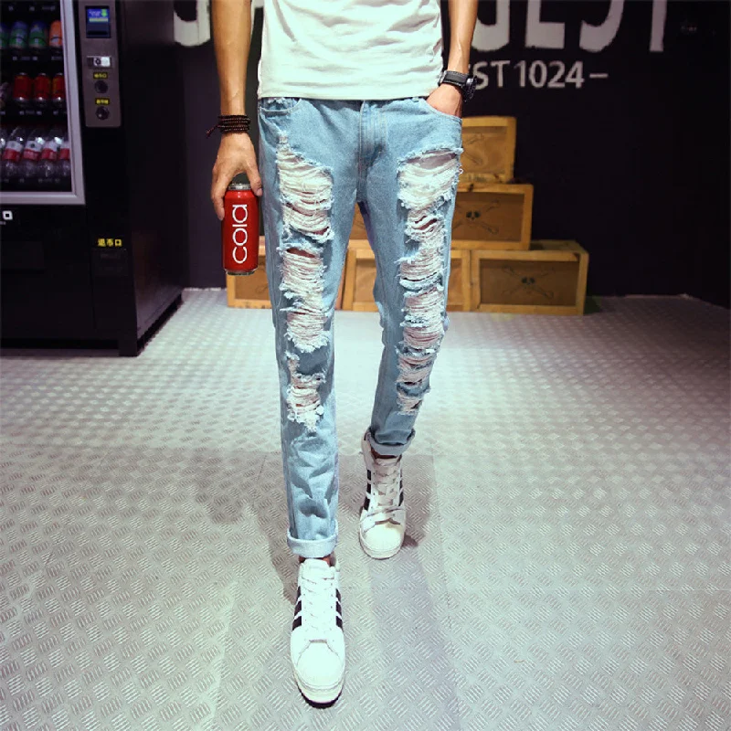 mens jeans brand destroyed hole jeans straight men's robin jeans slim frayed denim true harem jeans for men