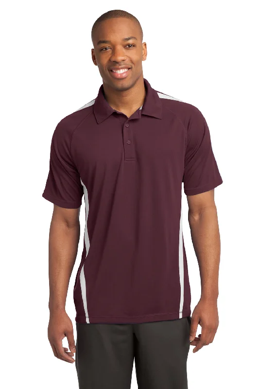 Sport-Tek Mens Micro-Mesh Moisture Wicking Short Sleeve Polo Shirt - Maroon/White - Closeout