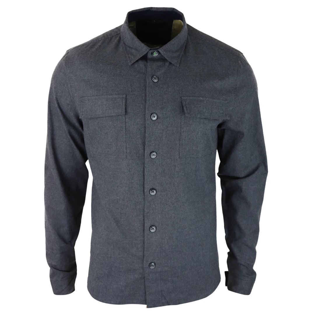 Mens Smart Casual Over Shirt Grey Navy Relaxed Fit Classic Button Down Pockets