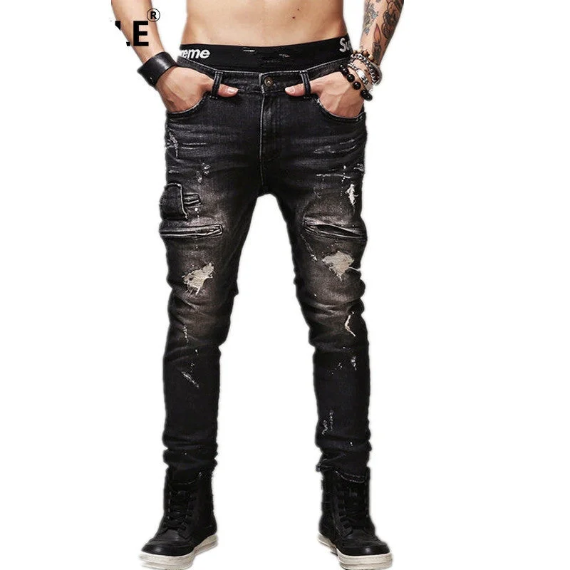 High Quality Mens Ripped Biker Jeans 100% Cotton Black Slim Fit Motorcycle Jeans Men Vintage Distressed Denim Jeans Pants Q1566