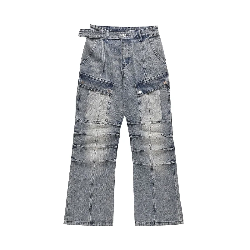 Street Retro Washed Pleated Slightly Flared Wide Leg Male Multipocket Denim Jeans