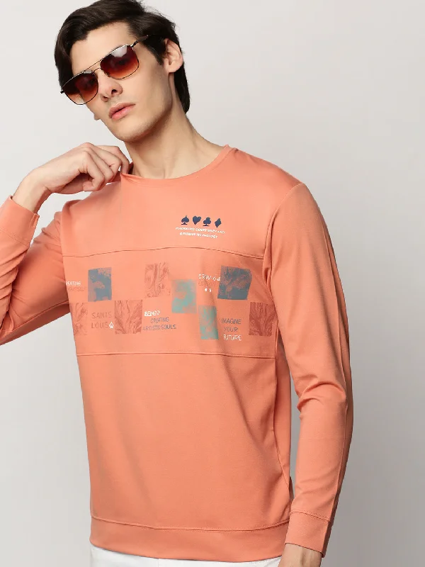 Men Peach Graphics Casual Sweatshirts