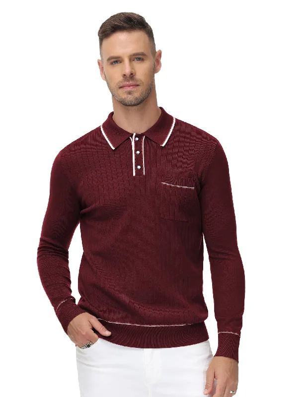 Men Ribbed Sweater Long Sleeve Lapel Collar Button-up Neck Pullover Knitwear Shirts