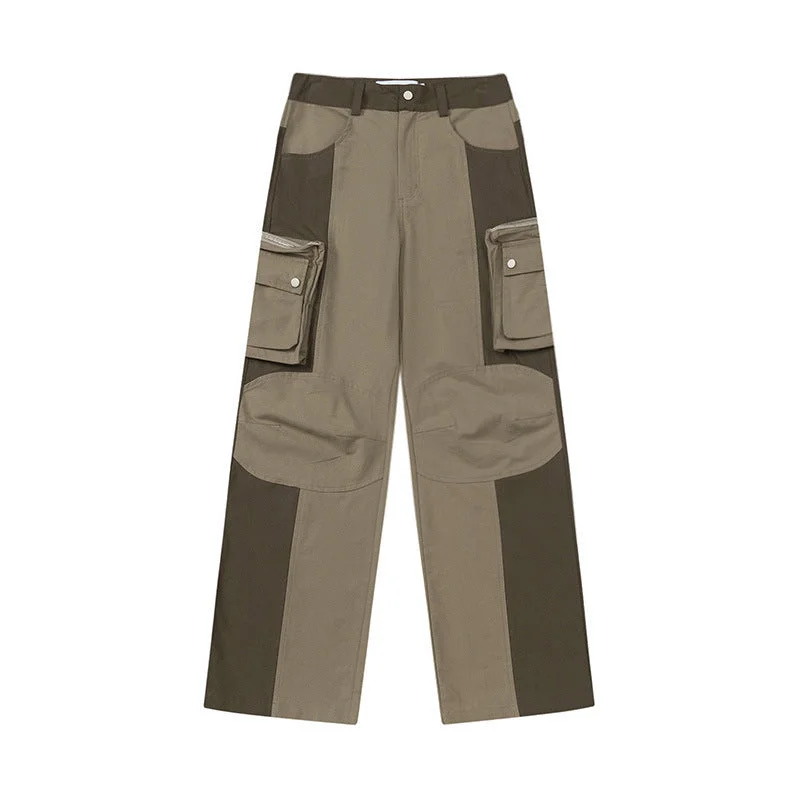 Khaki Color Matching Multi-pocket Wide Leg Denim Jeans for Men