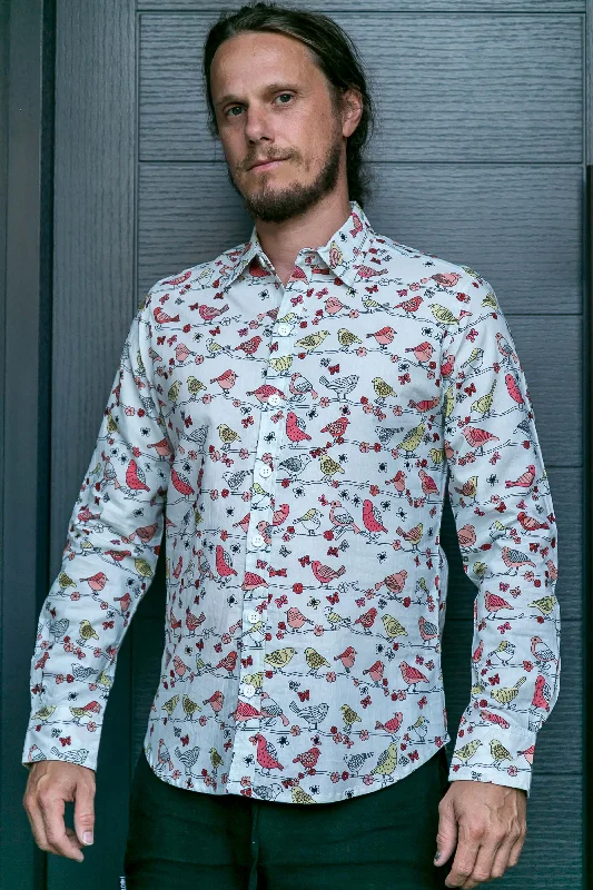 Birds Floral Print Cotton Slim Fit Mens Shirt Long Sleeve