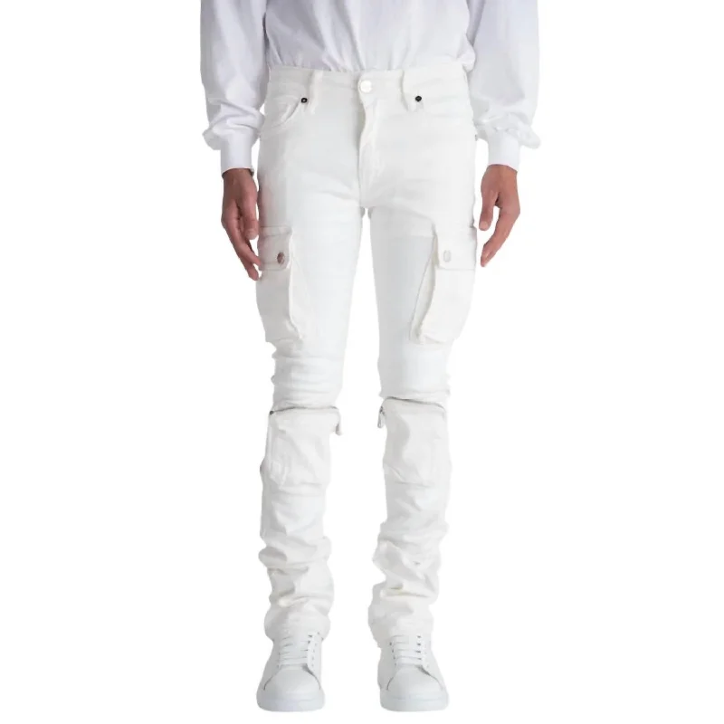 Men's Never Look Back Cargo Flare Stack Denim Jean In White