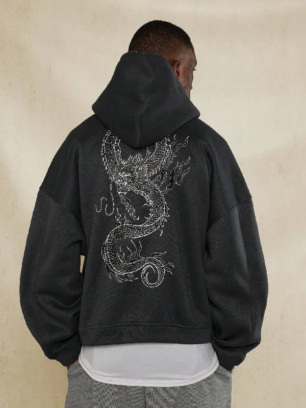 Overhead Crop Fit Half Zip Hoodie With Back Dragon Graphic Print