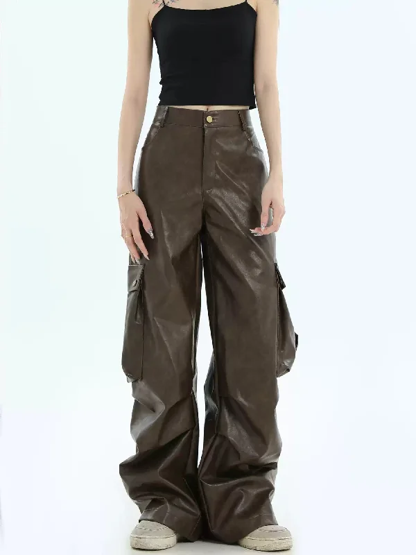 Wide Pocket PU Leather Cargo Pants