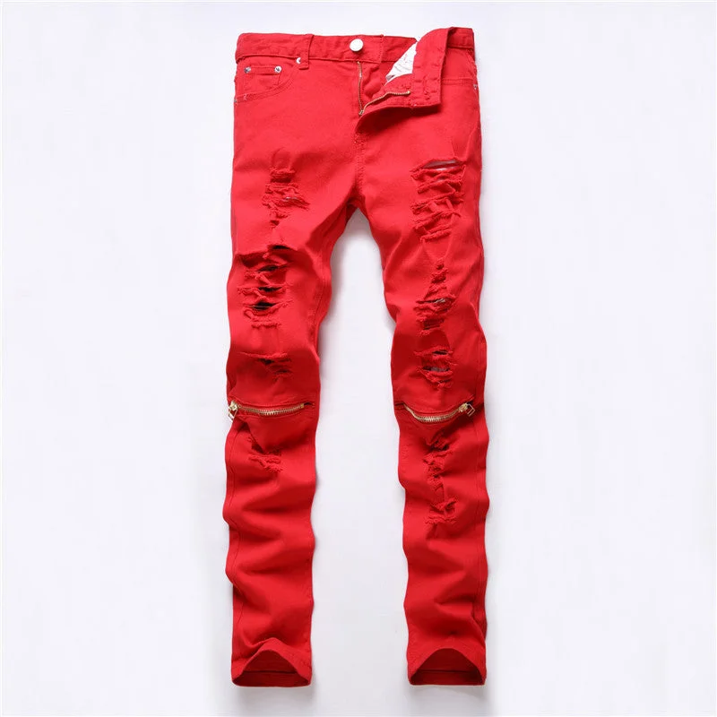 Red White Black Ripped Denim Pant Knee Hole Zipper Biker Jeans Men Slim Skinny Destroyed Torn Jean Pants