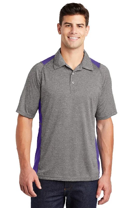 Sport-Tek Mens Heather Contender Moisture Wicking Short Sleeve Polo Shirt - Heather Vintage Grey/Purple