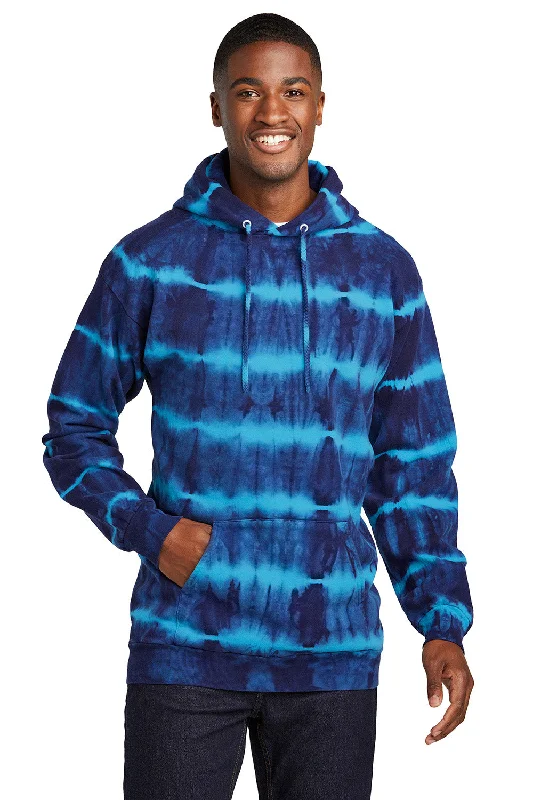 Port & Company Mens Allover Stripe Tie-Dye Fleece Hooded Sweatshirt Hoodie w/ Pouch Pocket - Turquoise Blue/Team Navy Blue - New