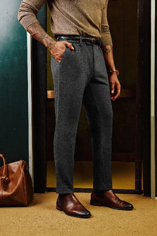 Men Skinny Trousers Elastic Waist Herringbone Pattern Multi-Pocket Pants