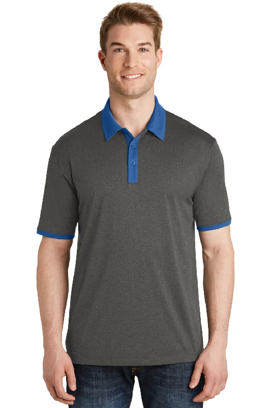 Sport-Tek Mens Heather Contender Moisture Wicking Short Sleeve Polo Shirt - Heather Graphite Grey/True Royal Blue - Closeout